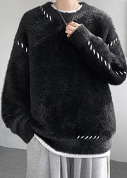 Simple Beige O Neck Solid Mink Hair Knitted Men Sweater Winter