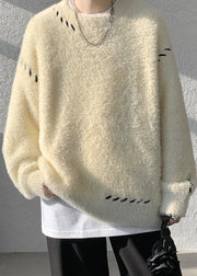 Simple Beige O Neck Solid Mink Hair Knitted Men Sweater Winter