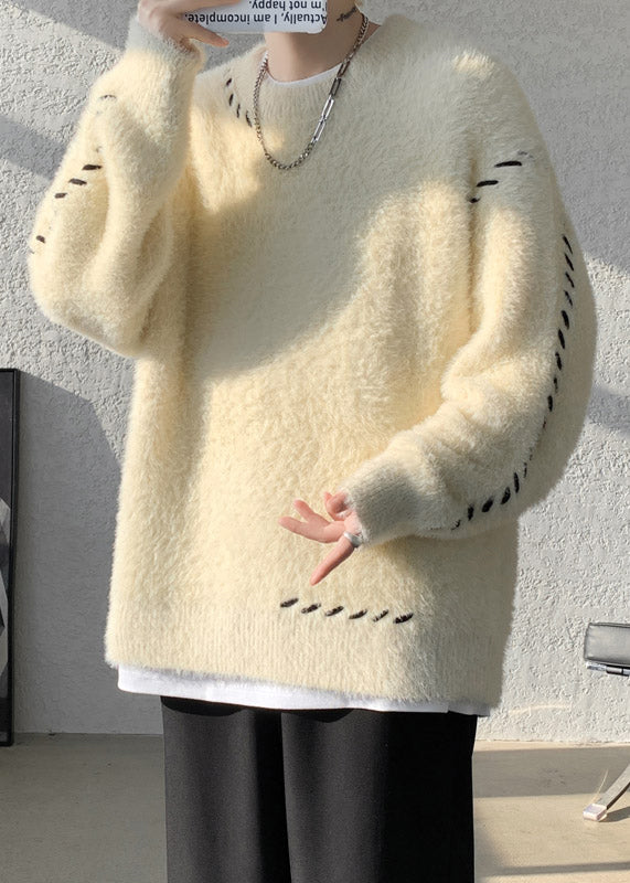 Simple Beige O Neck Solid Mink Hair Knitted Men Sweater Winter