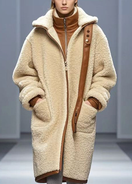 Simple Beige Oversized Fuzzy Fur Fluffy Trench Winter