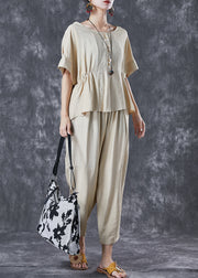 Simple Beige Oversized Wrinkled Cotton Two Pieces Set Summer