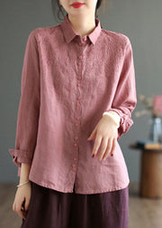 Simple Beige Peter Pan Collar Embroideried Linen Shirts Spring