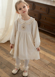 Simple Beige Peter Pan Collar Patchwork Girls Long Dress Lantern Sleeve