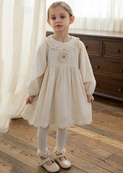 Simple Beige Peter Pan Collar Patchwork Girls Long Dress Lantern Sleeve