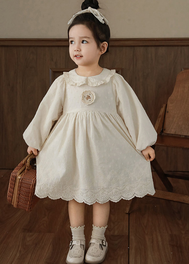 Simple Beige Peter Pan Collar Patchwork Girls Long Dress Lantern Sleeve