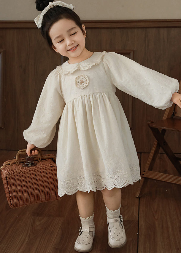 Simple Beige Peter Pan Collar Patchwork Girls Long Dress Lantern Sleeve