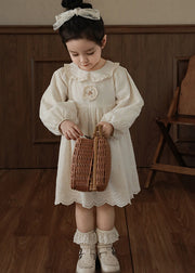 Simple Beige Peter Pan Collar Patchwork Girls Long Dress Lantern Sleeve