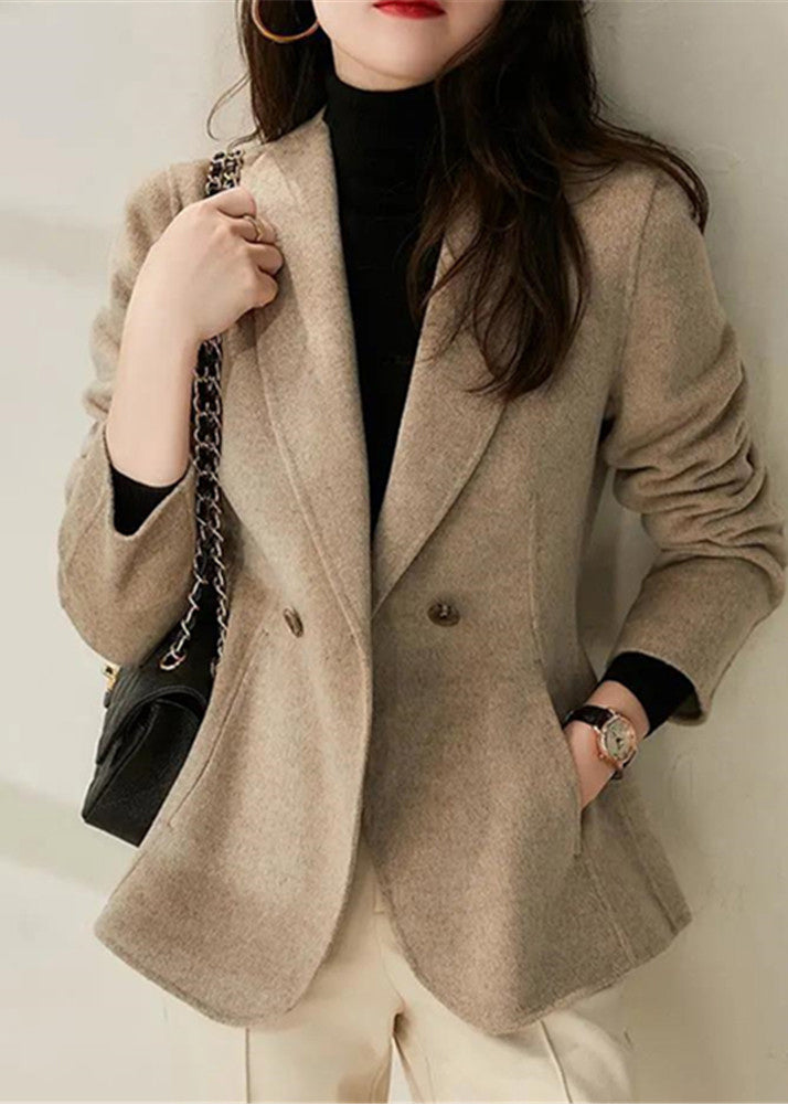 Simple Beige Peter Pan Collar Slim Fit Double Breast Woolen Coats Fall