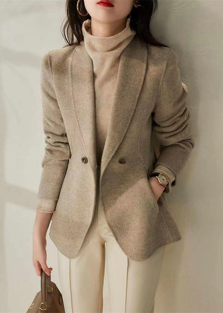 Simple Beige Peter Pan Collar Slim Fit Double Breast Woolen Coats Fall