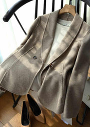 Simple Beige Peter Pan Collar Slim Fit Double Breast Woolen Coats Fall