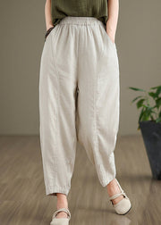 Simple Beige Pockets Elastic Waist Cotton Pants Fall