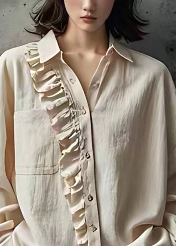 Simple Beige Ruffled Patchwork Button Tops Fall