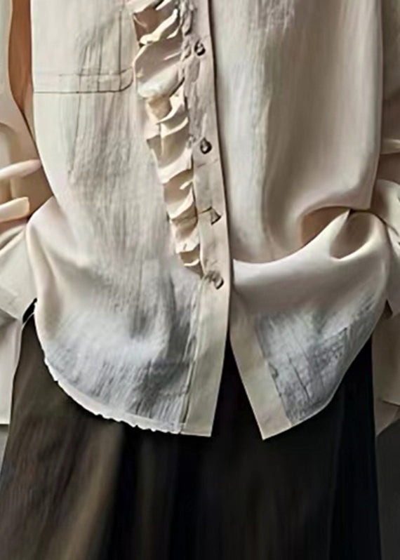 Simple Beige Ruffled Patchwork Button Tops Fall