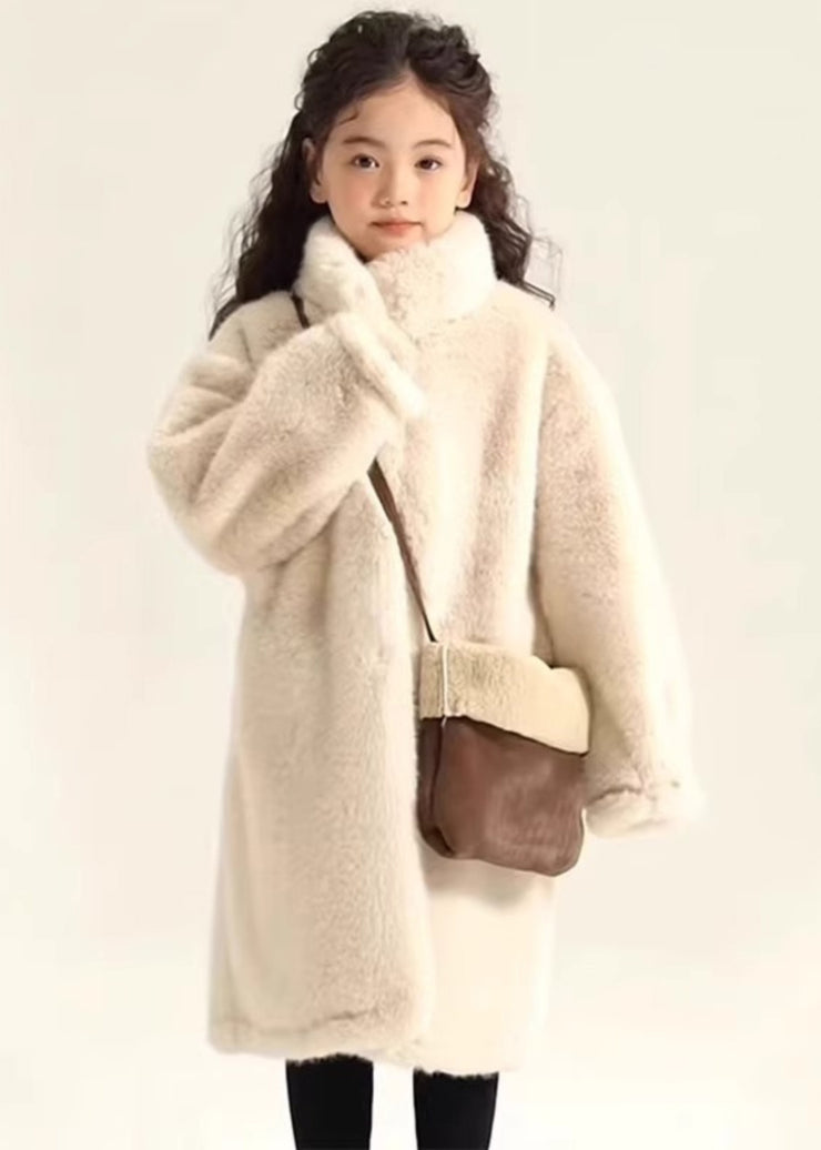 Simple Beige Stand Collar Girls Mink Velvet Maxi Coat Spring