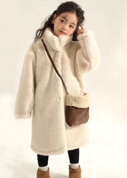 Simple Beige Stand Collar Girls Mink Velvet Maxi Coat Winter