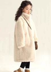 Simple Beige Stand Collar Girls Mink Velvet Maxi Coat Winter