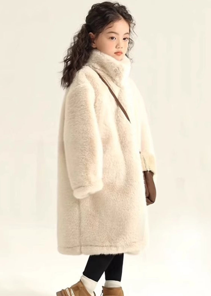 Simple Beige Stand Collar Girls Mink Velvet Maxi Coat Spring