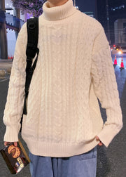 Simple Beige Turtleneck Solid Cable Knit Mens Sweater Winter