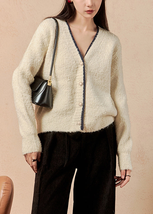 Simple Beige V Neck Button Solid Knit Cardigan Winter