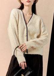 Simple Beige V Neck Button Solid Knit Cardigan Winter