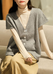 Simple Beige V Neck Button Wool Knitted Waistcoat Short Sleeve