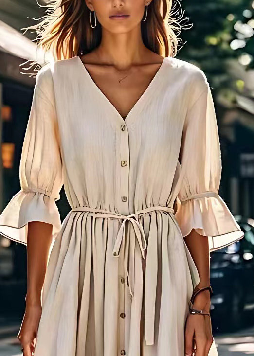 Simple Beige V Neck Lace Up Button Patchwork Cotton Dress Summer