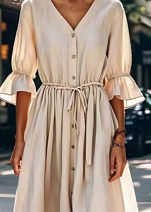 Simple Beige V Neck Lace Up Button Patchwork Cotton Dress Summer
