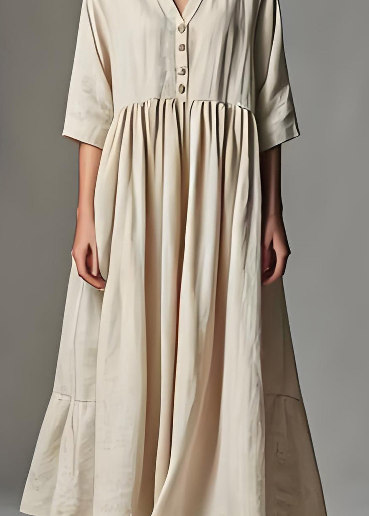 Simple Beige V Neck Wrinkled Patchwork Linen Dress Summer