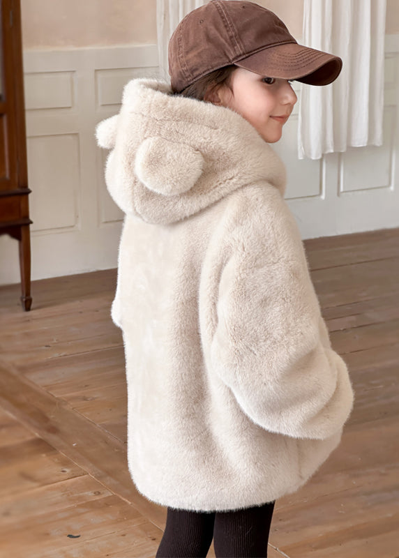 Simple Beige Zippered Pockets Girls Mink Velvet Hoodie Coat Winter