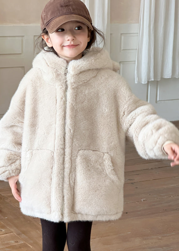 Simple Beige Zippered Pockets Girls Mink Velvet Hoodie Coat Winter