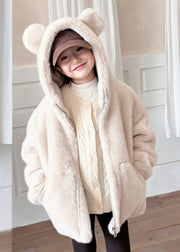 Simple Beige Zippered Pockets Girls Mink Velvet Hoodie Coat Winter