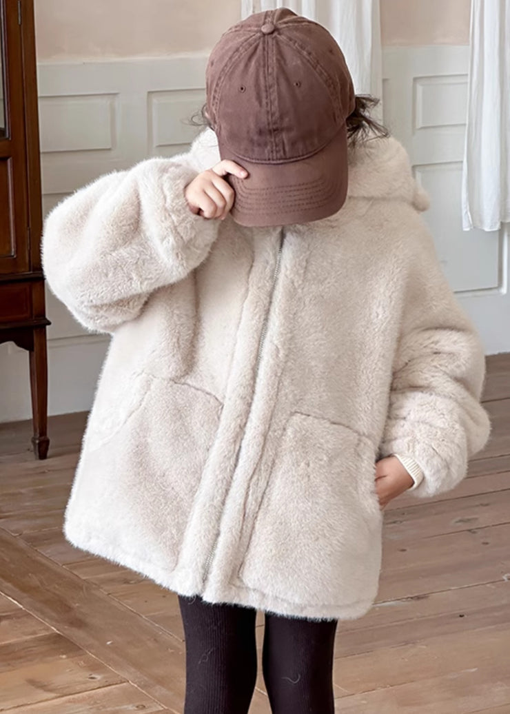 Simple Beige Zippered Pockets Girls Mink Velvet Hoodie Coat Winter