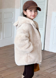 Simple Beige Zippered Pockets Girls Mink Velvet Hoodie Coat Winter