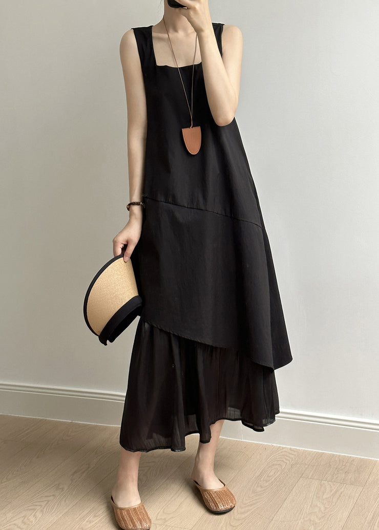 Simple Black Asymmetrical Pockets Solid Cotton Long Dress Summer