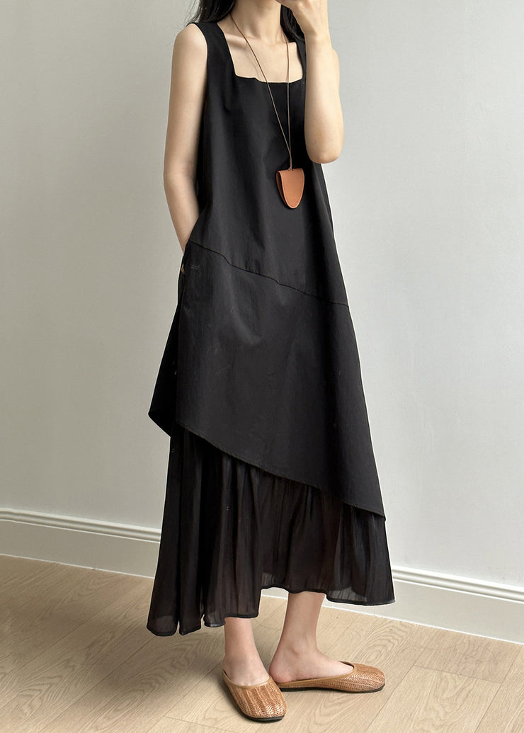 Simple Black Asymmetrical Pockets Solid Cotton Long Dress Summer