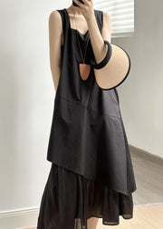 Simple Black Asymmetrical Pockets Solid Cotton Long Dress Summer