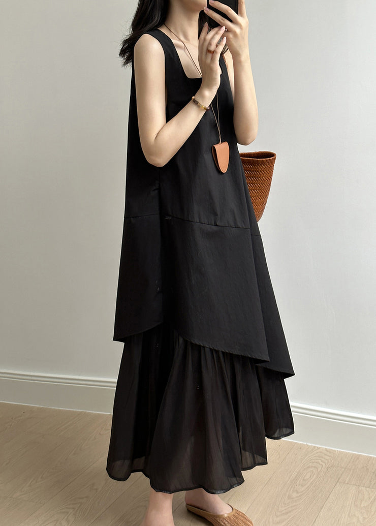 Simple Black Asymmetrical Pockets Solid Cotton Long Dress Summer