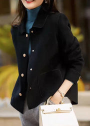 Simple Black Button Pockets Patchwork Woolen Coats Fall