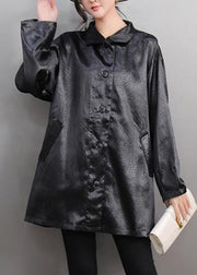 Simple Black Button Solid Silk Shirt Spring