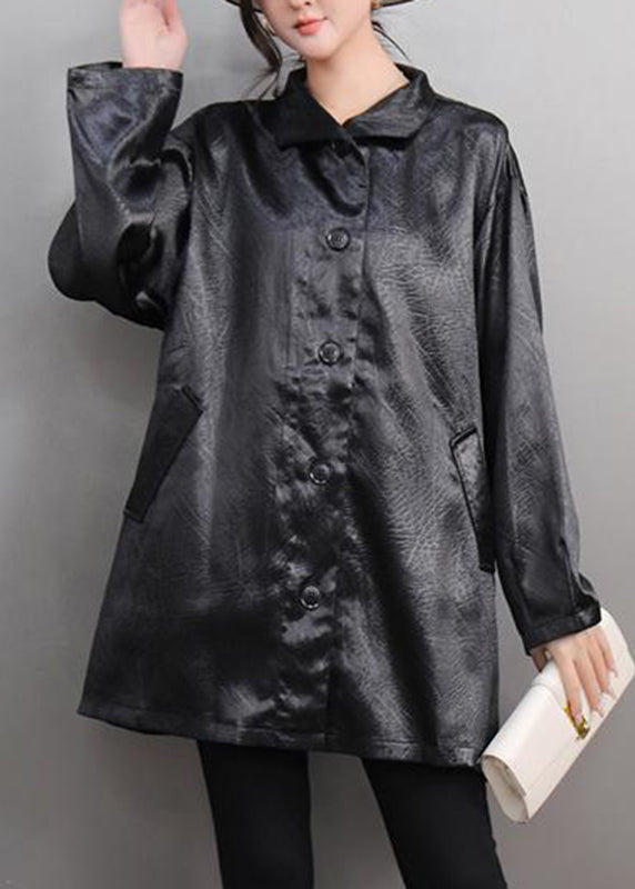 Simple Black Button Solid Silk Shirt Spring