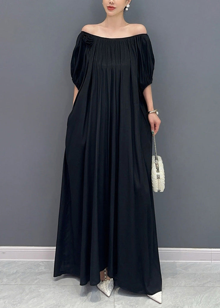 Simple Black Cold Shoulder Slash Neck Cotton Long Dress Summer