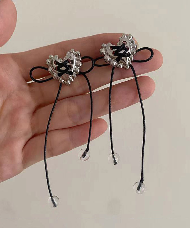 Simple Black Copper Overgild Love Bow Tassel Drop Earrings