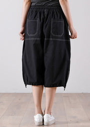 Simple Black Elastic Waist Pockets Patchwork Cotton Crop Pants Summer