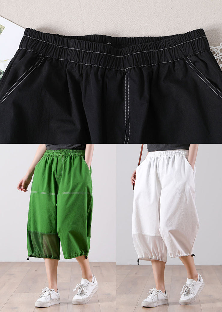 Simple Black Elastic Waist Pockets Patchwork Cotton Crop Pants Summer