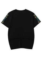 Simple Black Embroideried Solid Cotton Men T Shirt Summer