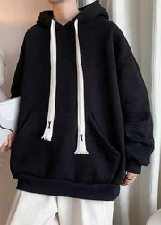 Simple Black Hooded Lace Up Pockets Cotton Men Sweatshirt Spring