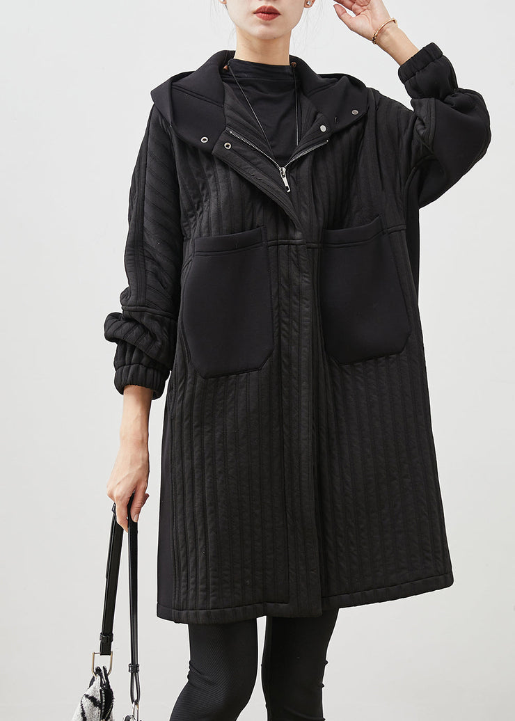 Simple Black Hooded Pockets Fine Cotton Filled Trench Spring