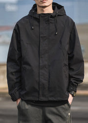 Simple Black Hooded Pockets Solid Cotton Men Coat Spring