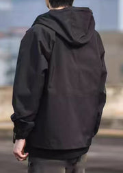 Simple Black Hooded Pockets Solid Cotton Men Coat Spring