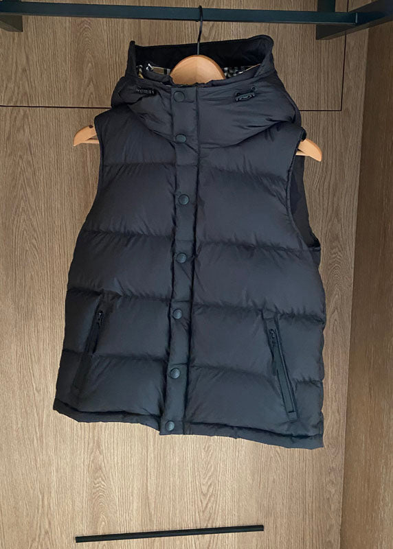 Simple Black Hooded Solid Color Duck Down Puffer Vest Sleeveless